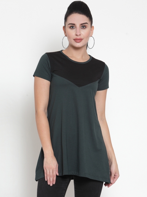 

Kalt Women Green & Black Colourblocked Round Neck Longline T-shirt