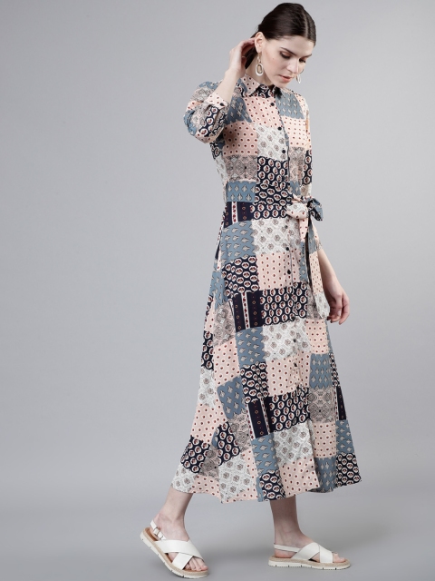 

Tokyo Talkies Women Peach-Coloured & Navy Blue Printed Shirt Dress