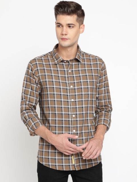 

TED HARBOR Men Khaki & Black Slim Fit Checked Casual Shirt
