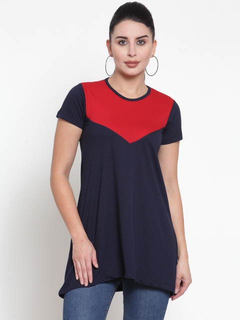 

Kalt Women Navy Blue & Red Colourblocked Round Neck Longline T-shirt
