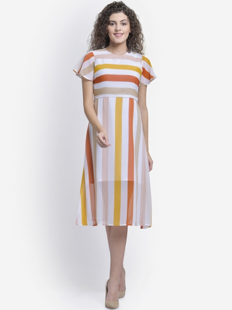 

Martini Women Off-White & Orange Striped Fit and Flare Dress