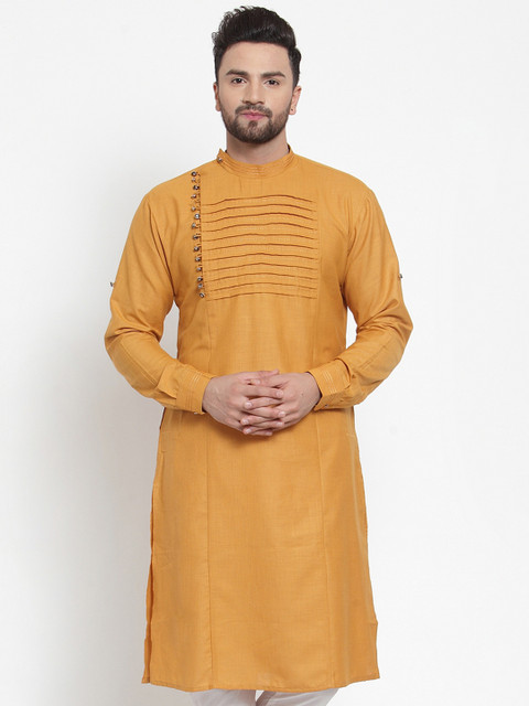 

TREEMODA Men Yellow Solid Linen Straight Kurta