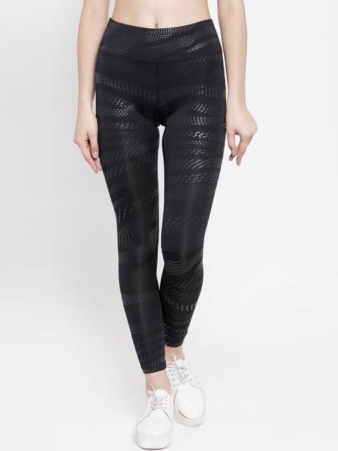 Boston Club Women Black & Silver-Toned Printed Skinny-Fit Gym Tights