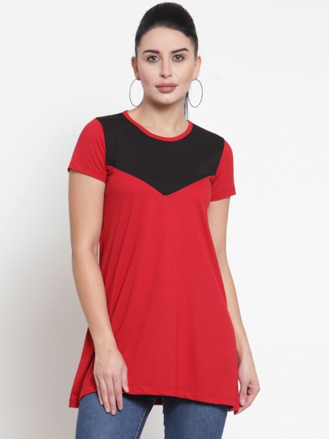 

Kalt Women Red & Black Colourblocked Round Neck Longline T-shirt