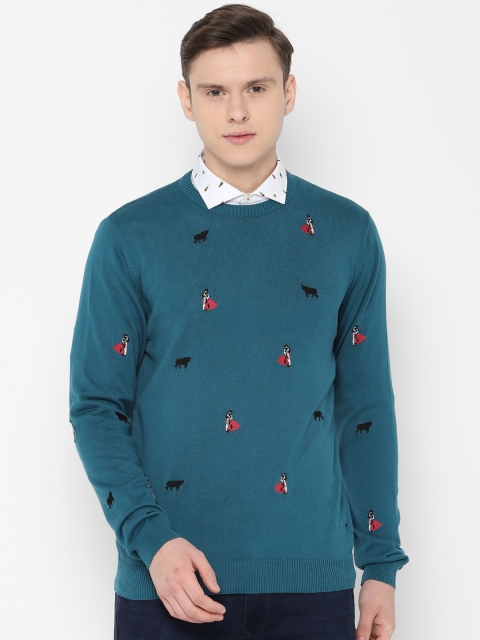 

SIMON CARTER LONDON Men Teal Blue Printed Sweater