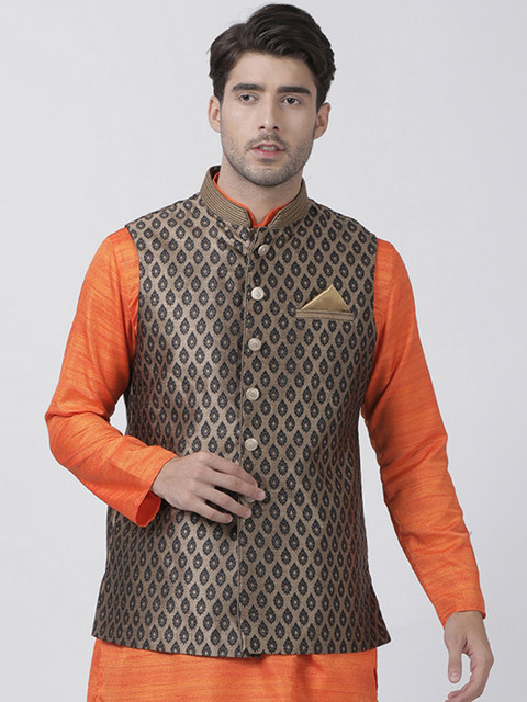 

VASTRAMAY Men Black & Brown Woven Design Nehru Jacket