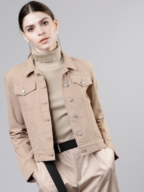 Women Beige Solid Denim Jacket