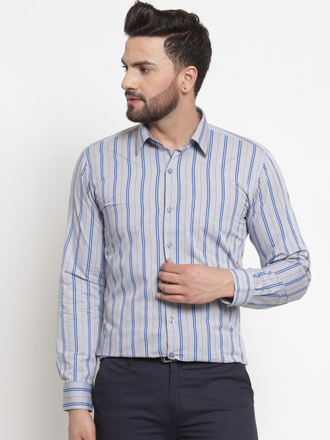 

Hancock Men Grey & Blue Striped Slim Fit Formal Shirt