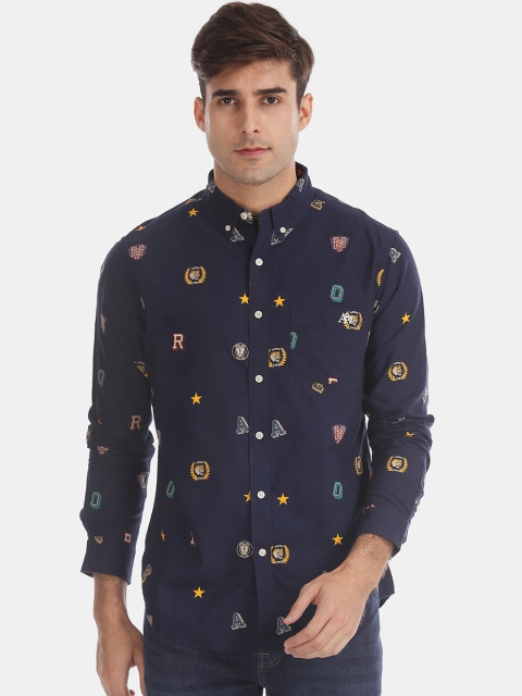 

Aeropostale Men Navy Blue & Yellow Slim Fit Printed Casual Shirt