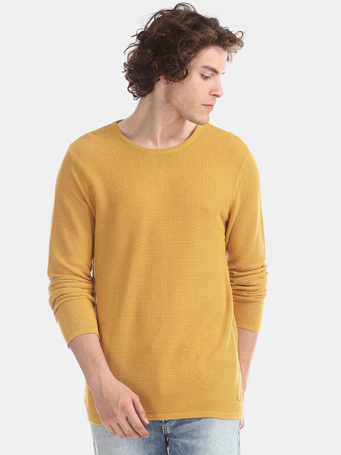 

Ed Hardy Men Mustard Yellow Self Design Slim Fit Round Neck T-shirt