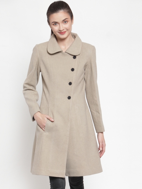

Owncraft Women Beige Solid Single-Breasted Knee-Length Woolen Princess Coat