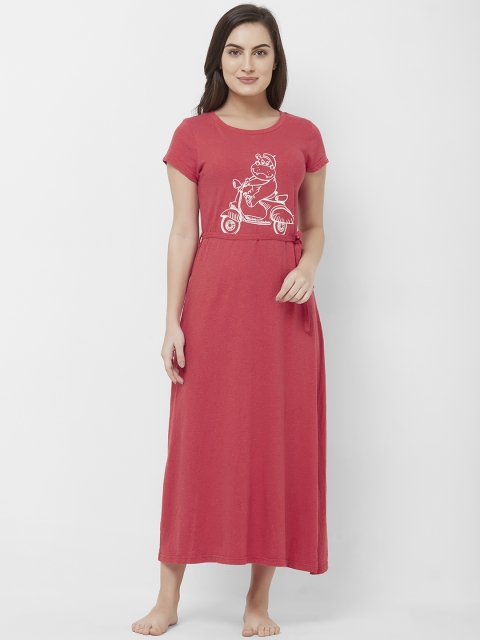 

Mystere Paris Red & Off-White Printed Nightdress