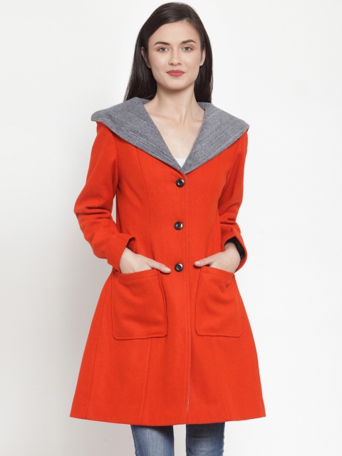 

Owncraft Women Coral Red Solid Thigh-Length Wool Overcoats, Orange