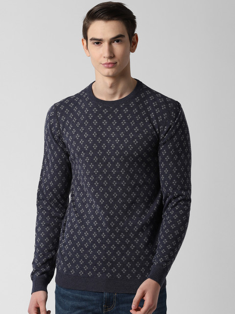 

Peter England Casuals Men Navy Blue & Grey Solid Sweater