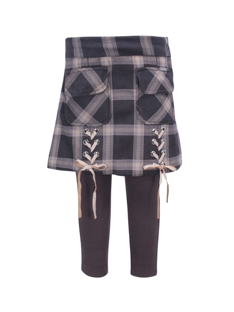 

CUTECUMBER Girls Grey & Black Checked Straight Knee-Length Skirt With Leggings