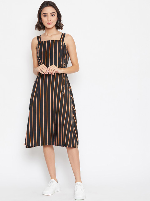 

PURYS Women Black Striped Fit and Flare Dress