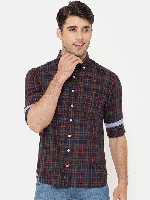 

Bar Harbour Men Charcoal & Orange Slim Fit Checked Casual Shirt