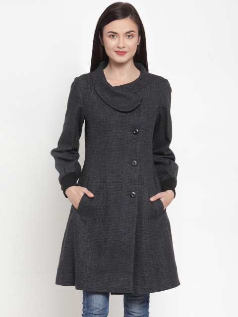 

Owncraft Women Charcoal Grey Checked Double-Breasted Knee-Length Woolen Princess Coat