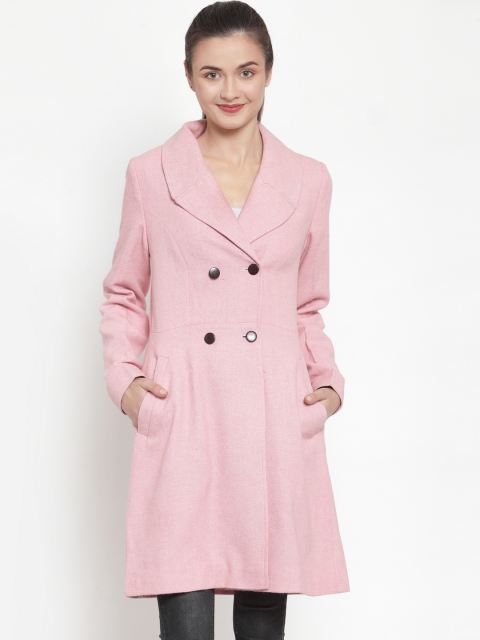 

Owncraft Women Pink Solid Double-Breasted Longline Woolen Coat