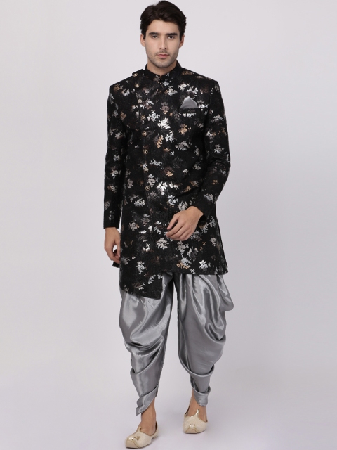 

VASTRAMAY Men Black & Silver-Toned Floral Printed Silk Asymmetric Sherwani With Dhoti Pants