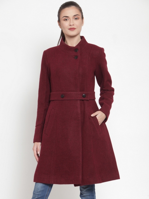 

Owncraft Women Maroon Solid Double-Breasted Knee Length Woolen Princess Coat