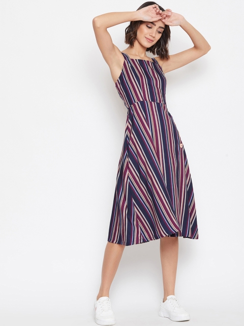 

PURYS Women Navy Blue Striped Fit and Flare Dress