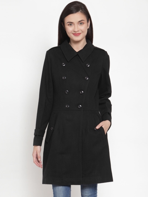 

Owncraft Women Black Solid Double-Breasted Longline Woolen Overcoat