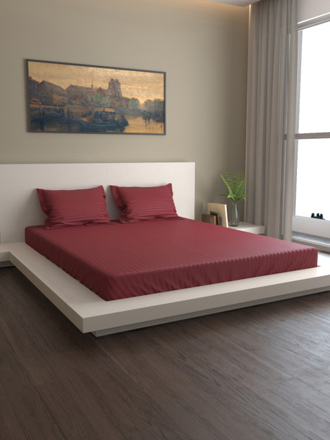 

MARK HOME Maroon Striped 400 TC Cotton 1 Queen Bedsheet with 2 Pillow Covers