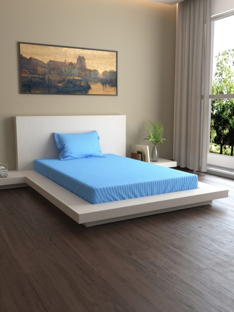 

MARK HOME Blue Striped 400 TC Cotton 1 Single Bedsheet with 1 Pillow Covers