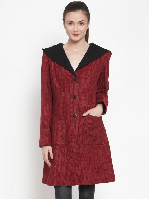 

Owncraft Women Maroon & Black Self-Designed Single-Breasted Woolen Overcoat