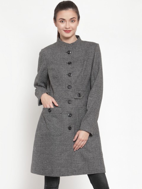 

Owncraft Women Grey & Black Self-Designed Single-Breasted Longline Woolen Overcoat
