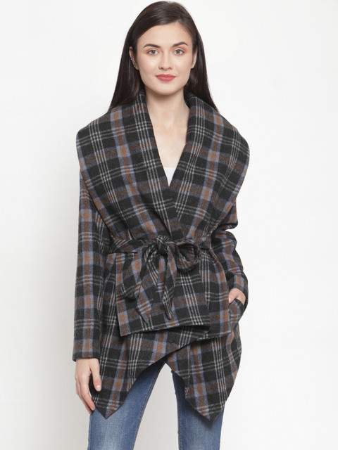 

Owncraft Women Grey & Black Checked Longline Wool Wrap Coat