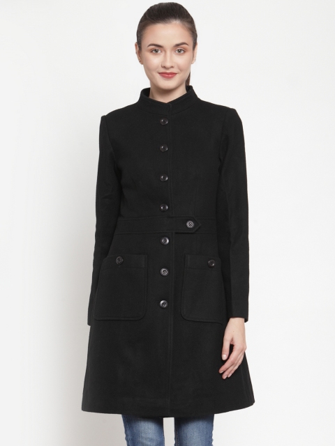 

Owncraft Women Black Solid Singe-Breasted Thigh-Length Woolen Overcoat