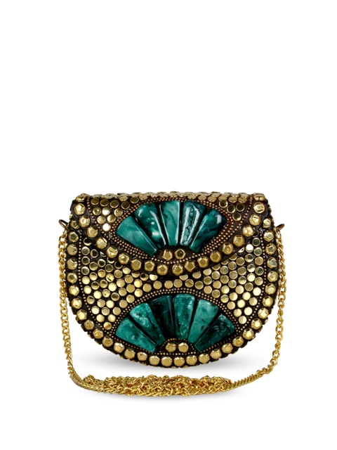 

Anekaant Gold-Toned & Green Embellished Half Moon Clutch