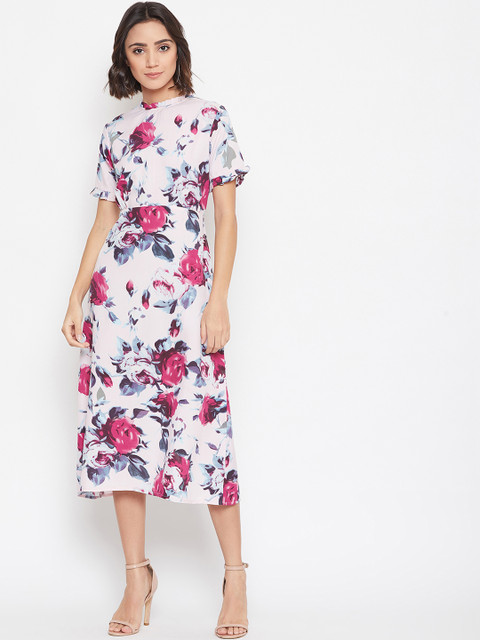

PURYS Women White Floral Printed Fit and Flare Dress