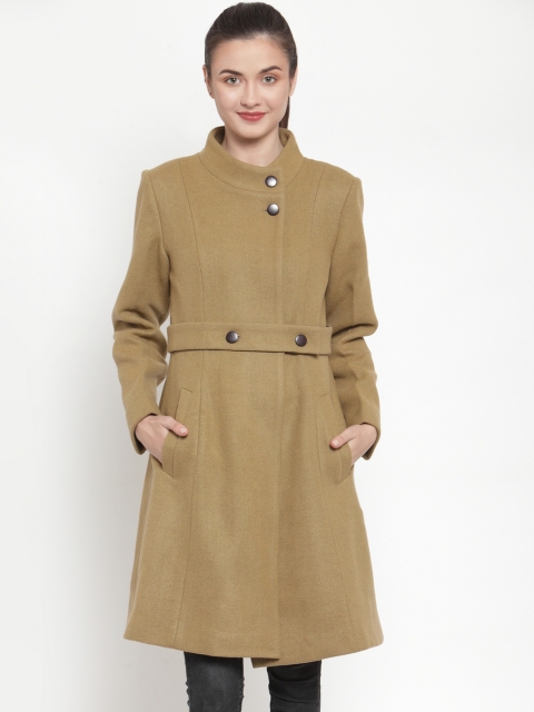 

Owncraft Women Camel Brown Solid Single-Breasted Knee-Length Wool Princess Coat