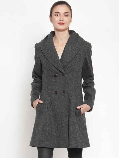 

Owncraft Women Charcoal Grey Solid Double-Breasted Longline Woolen Princess Coat