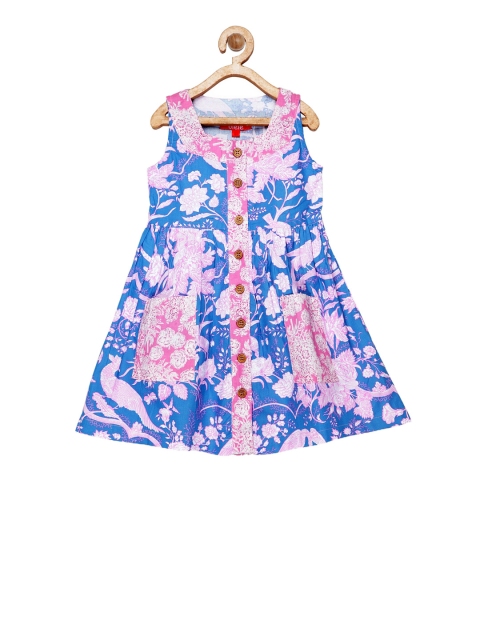 

Olele Girls Blue & Pink Floral Print Fit and Flare Dress