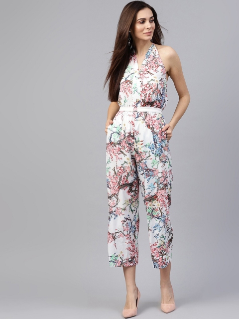 

Zima Leto Women White & Pink Printed Culotte Jumpsuit