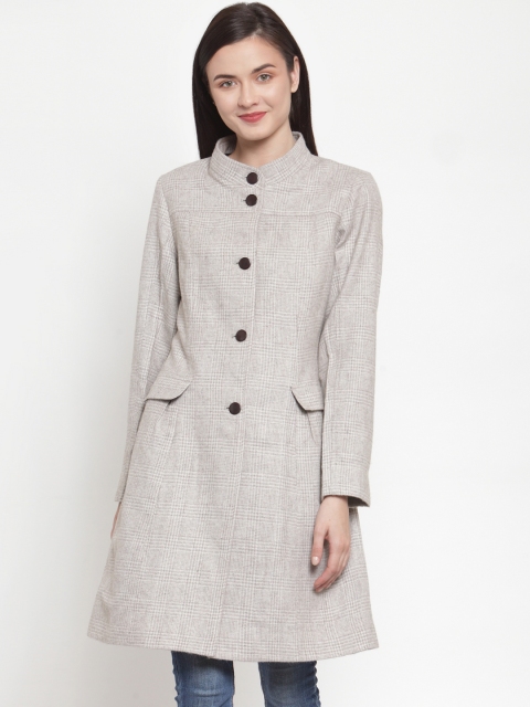 

Owncraft Women Beige Checked Single-Breasted Knee-Length Woolen Princess Coat
