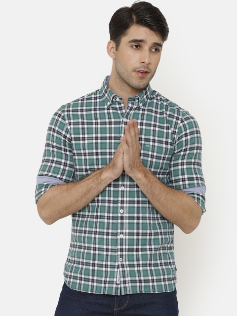 

Bar Harbour Men Sea Green & Navy Blue Slim Fit Checked Casual Shirt
