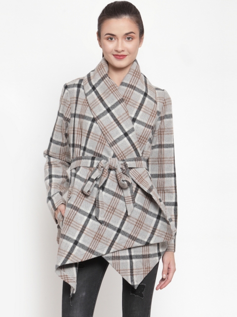 

Owncraft Women Grey & Black Checked Hip-Length Woolen Wrap Coat