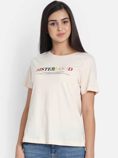 COVER STORY Women Off-White Printed Round Neck T-shirt