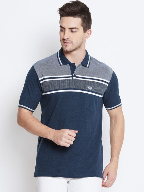

Duke Men Blue Striped Polo Collar T-shirt