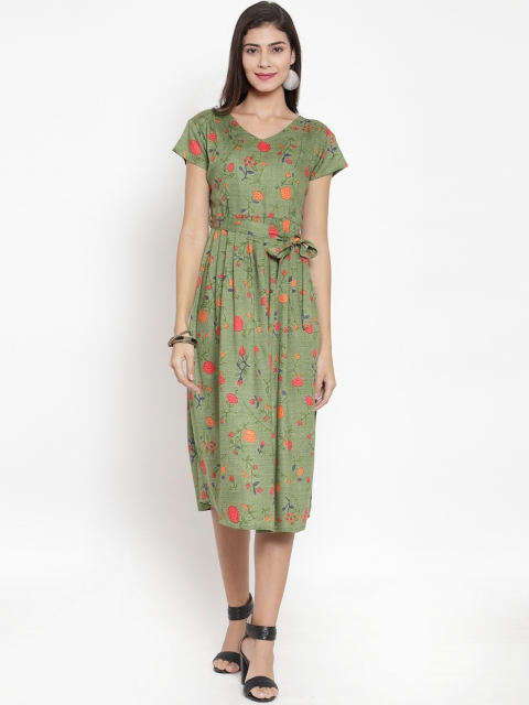 

Clora Creation Women Olive Green Floral Printed Fit and Flare Dress