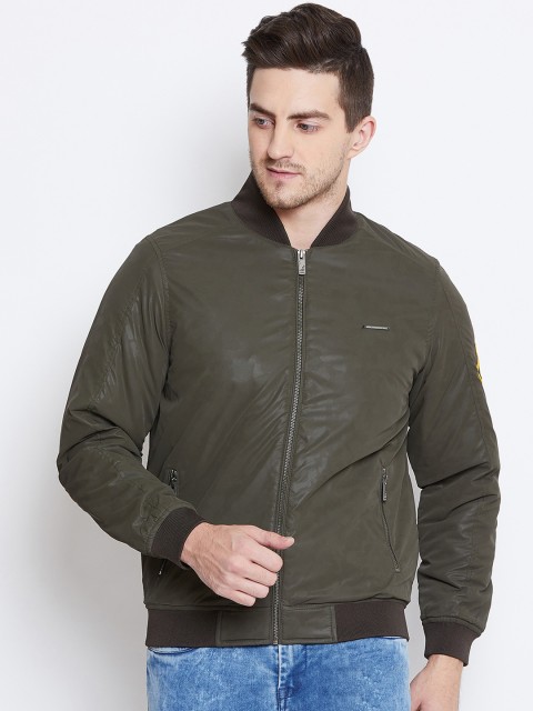 

Duke Men Olive Green Solid Bomber Jacket