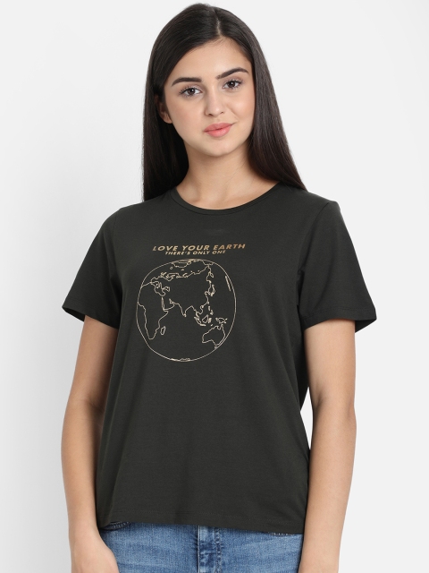 

COVER STORY Women Green Printed Round Neck T-shirt