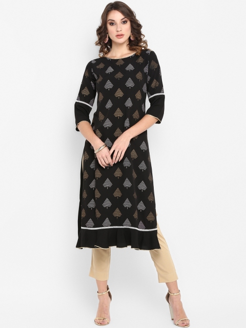

Janasya Women Black Printed Straight Kurta