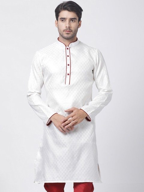 

VASTRAMAY Men White Woven Design Straight Kurta