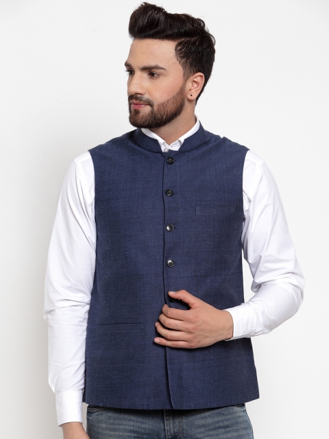 

NEUDIS Men Navy Blue Solid Pure Cotton Nehru Jacket